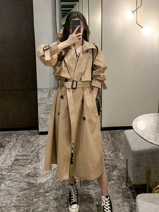 2023 Winter  Jacket Trench Coat for Women Clothes Women Solid Color Lapels Double Row Buttons Long Windbreaker Ladies Work Tops